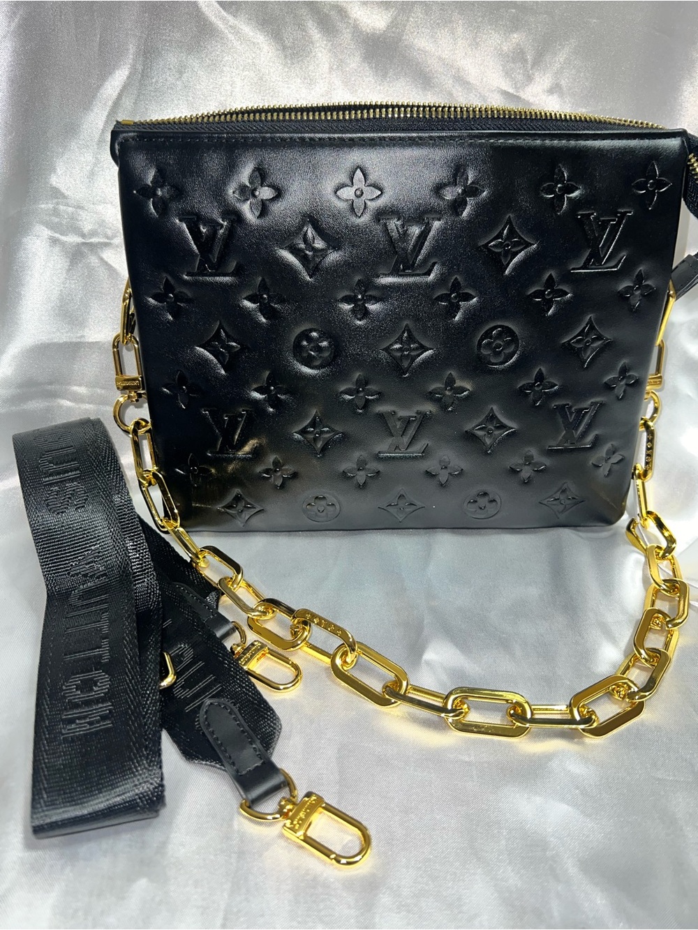 Louis Vuitton Black Embossed Monogram Crossbody with Gold Chain